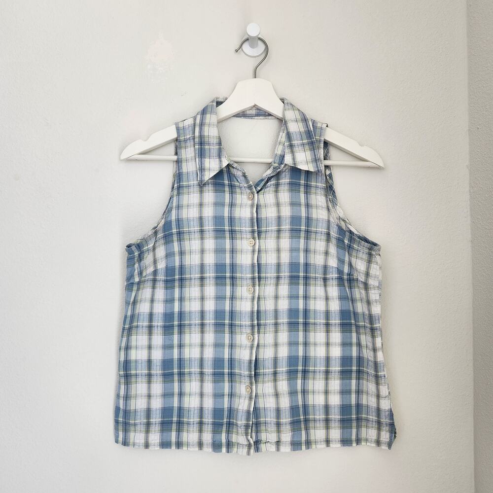 Vintage Y2K Faded Glory Blue White Plaid Sleeveless Button Down Top S Cottage - Picture 5 of 9